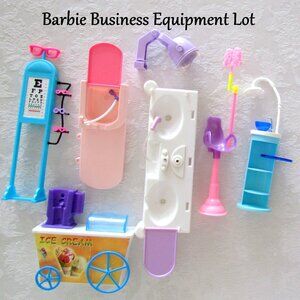 BARBIE FURNITURE LOT, PIECES for HAIR SALON, DENTIST, EYE DOCTOR, ICE CREAM CART